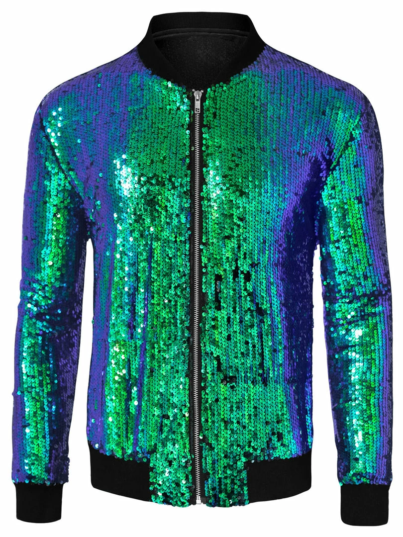 Allegra K Men's Sequin Varsity Jacket Long Sleeve Zipper Glitter Sequins Bomber Jacket 4 Allegra K Men's Sequin Varsity Jacket Long Sleeve Zipper Glitter Sequins Bomber Jacket
