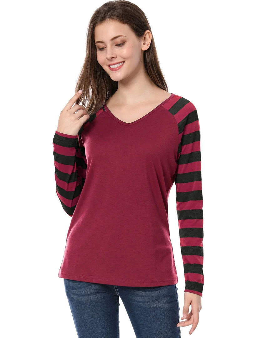 Allegra K Striped Long Raglan Sleeves V Neck Tee Shirt 45 Allegra K Striped Long Raglan Sleeves V Neck Tee Shirt