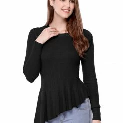 Allegra K Women's Long Sleeve Ribbed Knit Ruffle Hem Peplum Top