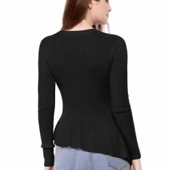 Allegra K Women's Long Sleeve Ribbed Knit Ruffle Hem Peplum Top