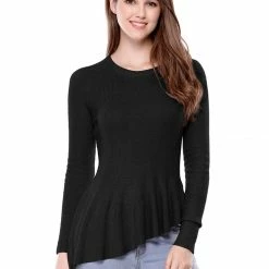 Allegra K Women's Long Sleeve Ribbed Knit Ruffle Hem Peplum Top