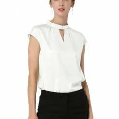 Allegra K Women's Cap Sleeve Shirts Choker Neck Office Elegant Top
