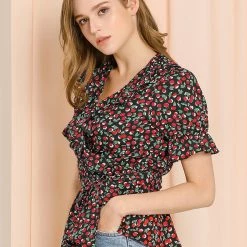 Allegra K Women's Sweet Fruit Crossover V Neck Ruffle Wrap Blouse Top
