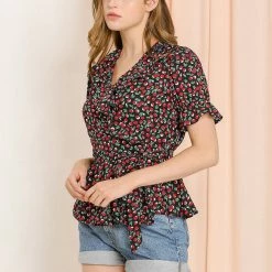 Allegra K Women's Sweet Fruit Crossover V Neck Ruffle Wrap Blouse Top