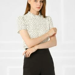 Allegra K Women's Ruffle Polkd Dots Stand Collar Short Sleeve Blouse Tops