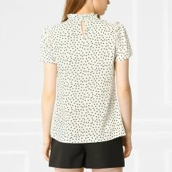 Allegra K Women's Ruffle Polkd Dots Stand Collar Short Sleeve Blouse Tops