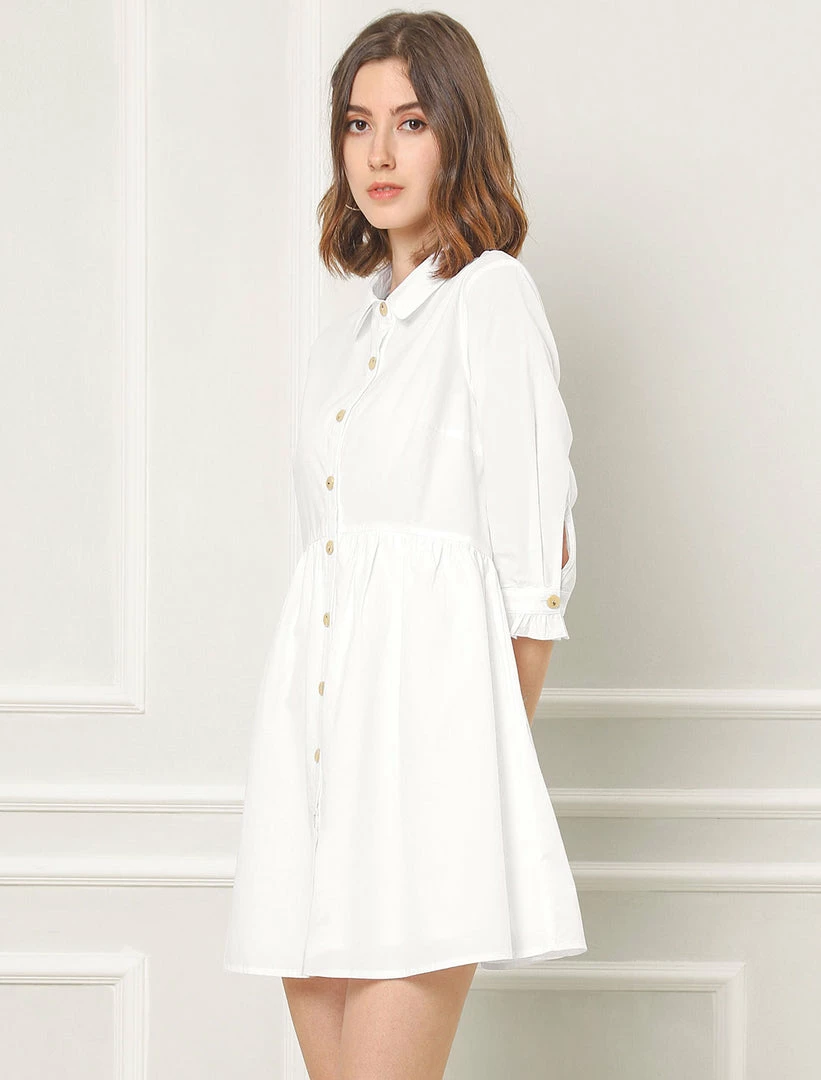 Allegra K Women's 3/4 Sleeve Button Front Flare Mini Shirt Dress 40 Allegra K Women's 3/4 Sleeve Button Front Flare Mini Shirt Dress
