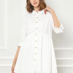 Allegra K Women's 3/4 Sleeve Button Front Flare Mini Shirt Dress 97 Allegra K Women's 3/4 Sleeve Button Front Flare Mini Shirt Dress