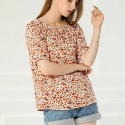 Allegra K Women's Floral Print Tie Neck Blouse Casual Puff Short Sleeve Tops