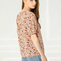 Allegra K Women's Floral Print Tie Neck Blouse Casual Puff Short Sleeve Tops