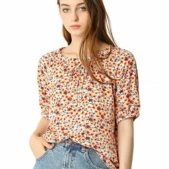 Allegra K Women's Floral Print Tie Neck Blouse Casual Puff Short Sleeve Tops