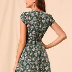 Allegra K Clothing Women Floral Crossover V Neck Petal Sleeves Flowy Dress With Belt