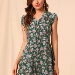 Allegra K Clothing Women Floral Crossover V Neck Petal Sleeves Flowy Dress With Belt