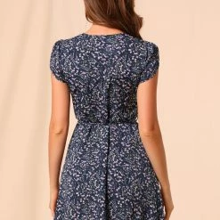 Allegra K Clothing Women Floral Crossover V Neck Petal Sleeves Flowy Dress With Belt