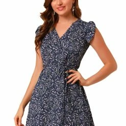 Allegra K Clothing Women Floral Crossover V Neck Petal Sleeves Flowy Dress With Belt