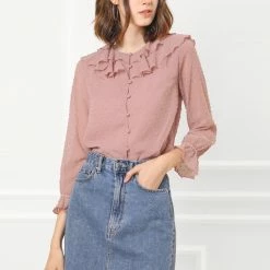 Allegra K Women's Ruffle Neck Polka Dot Button Front Sheer Chiffon Blouse