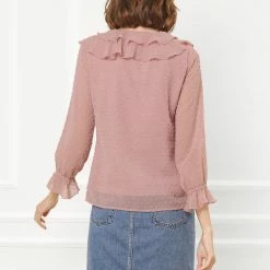 Allegra K Women's Ruffle Neck Polka Dot Button Front Sheer Chiffon Blouse