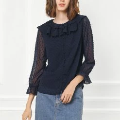 Allegra K Women's Ruffle Neck Polka Dot Button Front Sheer Chiffon Blouse