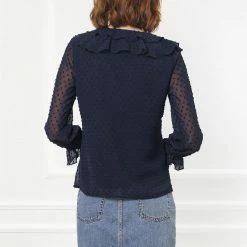 Allegra K Women's Ruffle Neck Polka Dot Button Front Sheer Chiffon Blouse