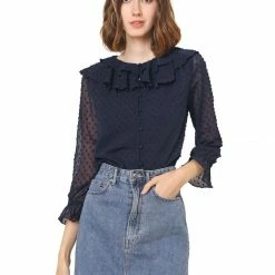 Allegra K Women's Ruffle Neck Polka Dot Button Front Sheer Chiffon Blouse