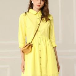 Allegra K Women's 3/4 Sleeve Button Front Flare Mini Shirt Dress 90 Allegra K Women's 3/4 Sleeve Button Front Flare Mini Shirt Dress
