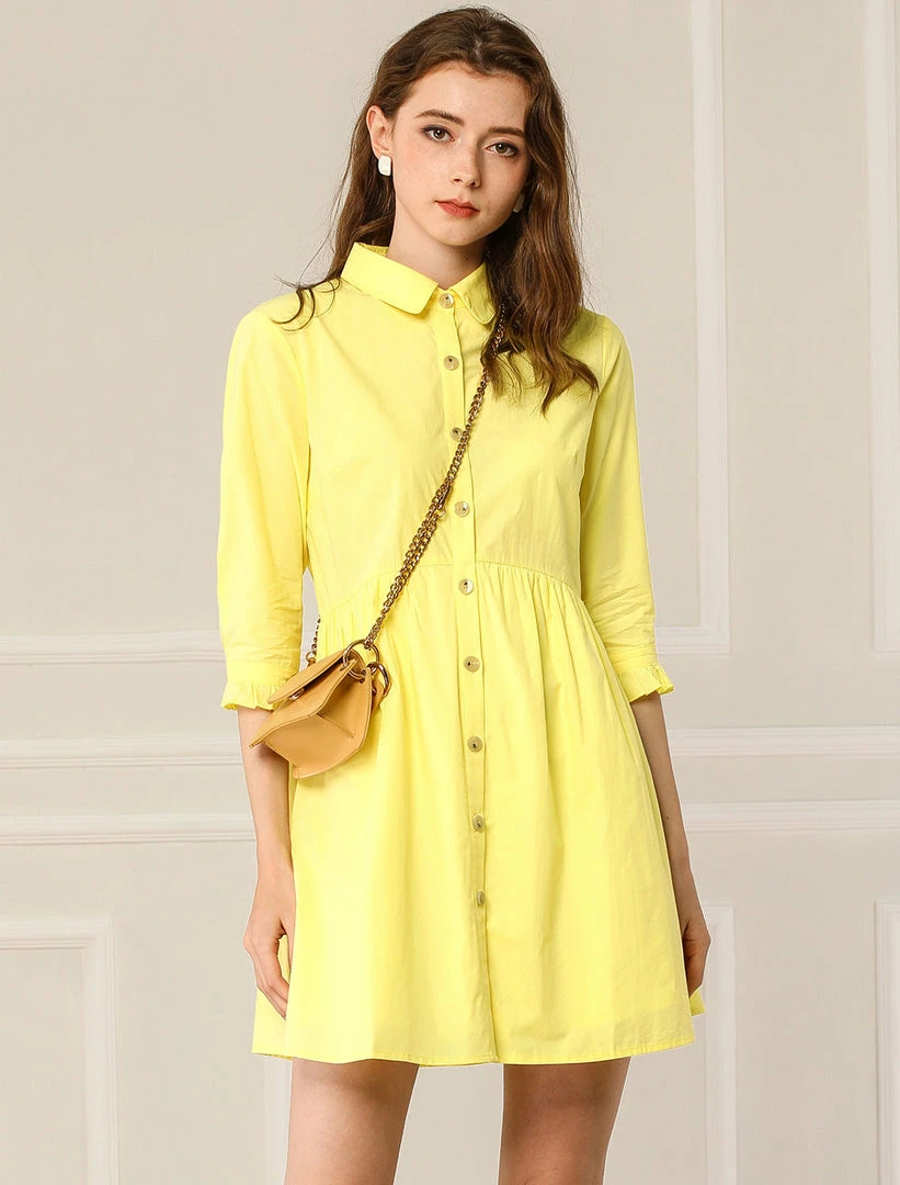 Allegra K Women's 3/4 Sleeve Button Front Flare Mini Shirt Dress 34 Allegra K Women's 3/4 Sleeve Button Front Flare Mini Shirt Dress