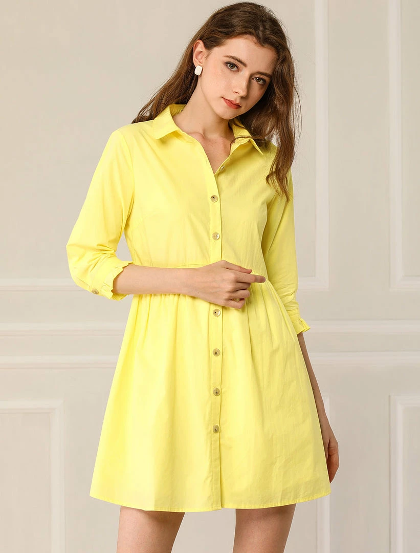 Allegra K Women's 3/4 Sleeve Button Front Flare Mini Shirt Dress 35 Allegra K Women's 3/4 Sleeve Button Front Flare Mini Shirt Dress