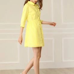 Allegra K Women's 3/4 Sleeve Button Front Flare Mini Shirt Dress 92 Allegra K Women's 3/4 Sleeve Button Front Flare Mini Shirt Dress