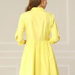 Allegra K Women's 3/4 Sleeve Button Front Flare Mini Shirt Dress 93 Allegra K Women's 3/4 Sleeve Button Front Flare Mini Shirt Dress