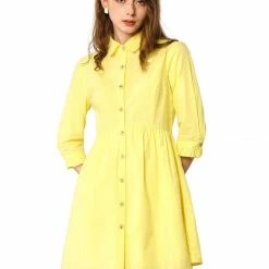 Allegra K Women's 3/4 Sleeve Button Front Flare Mini Shirt Dress 89 Allegra K Women's 3/4 Sleeve Button Front Flare Mini Shirt Dress