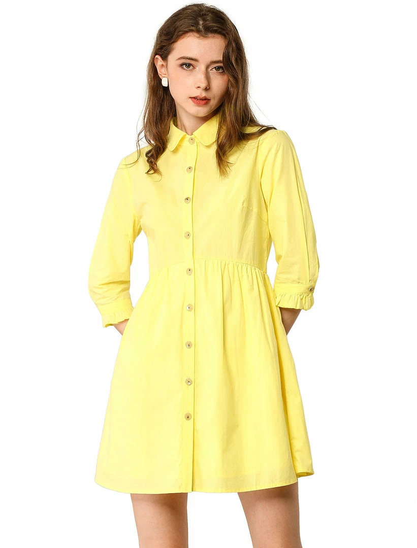 Allegra K Women's 3/4 Sleeve Button Front Flare Mini Shirt Dress 33 Allegra K Women's 3/4 Sleeve Button Front Flare Mini Shirt Dress