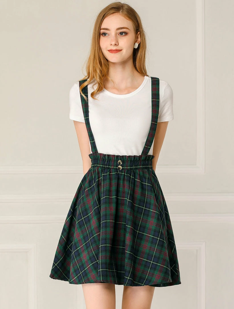 Allegra K Women's Tartan Plaid Button Decor Flare Skater Suspender Skirt 16 Allegra K Women's Tartan Plaid Button Decor Flare Skater Suspender Skirt