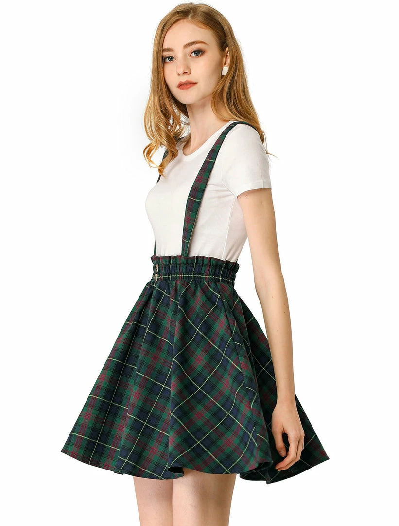 Allegra K Women's Tartan Plaid Button Decor Flare Skater Suspender Skirt 15 Allegra K Women's Tartan Plaid Button Decor Flare Skater Suspender Skirt
