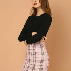 Allegra K Women's Check Slit Hem Faux Suede Mini Skirt