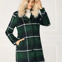 Allegra K Plaid Single Breasted Jacket With Removable Faux Fur Hood Women