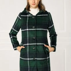 Allegra K Plaid Single Breasted Jacket With Removable Faux Fur Hood Women