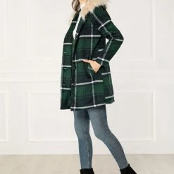 Allegra K Plaid Single Breasted Jacket With Removable Faux Fur Hood Women