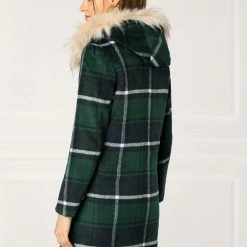 Allegra K Plaid Single Breasted Jacket With Removable Faux Fur Hood Women