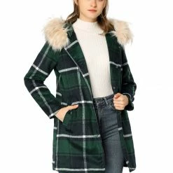 Allegra K Plaid Single Breasted Jacket With Removable Faux Fur Hood Women