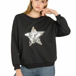 Allegra K Women's Sequin Shiny Star Crew Neck Long Sleeve Sweatshirt Top