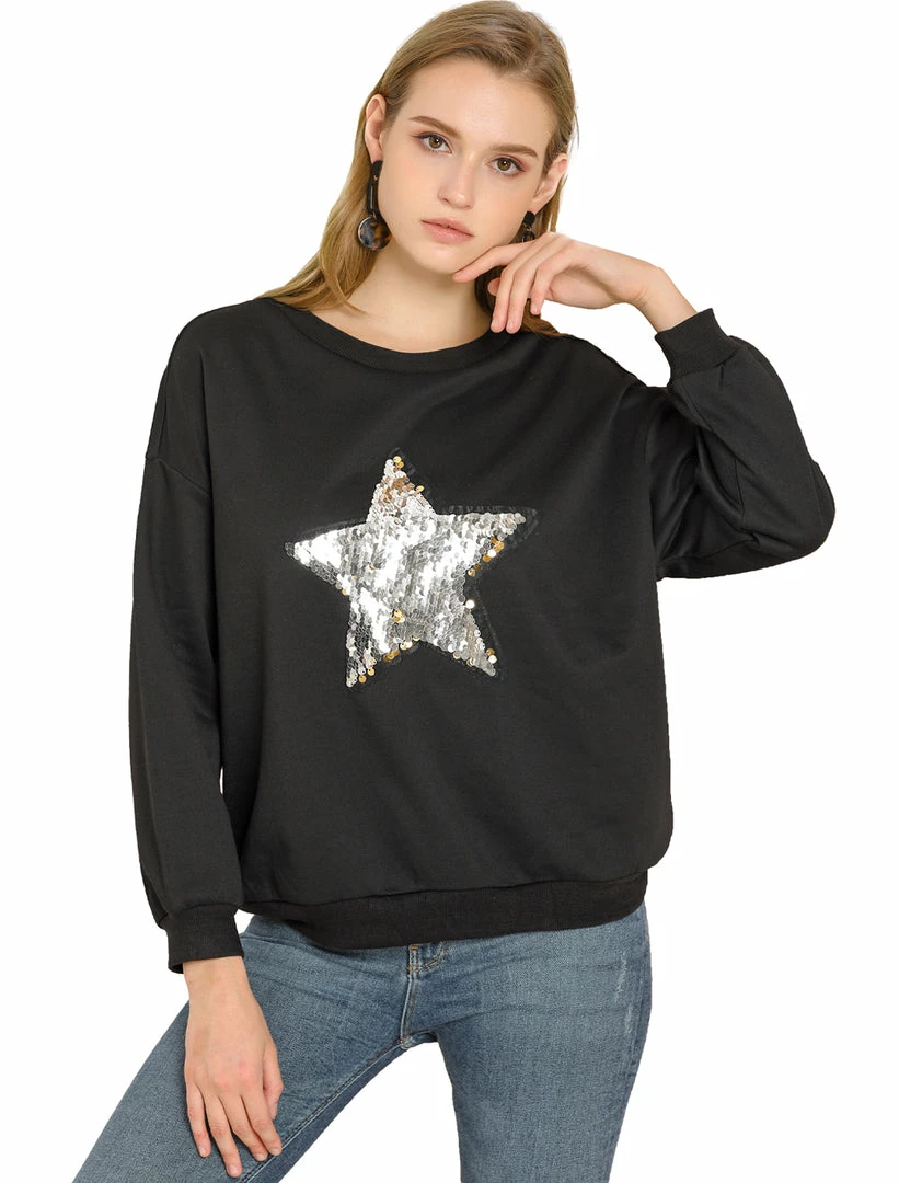 Allegra K Women's Sequin Shiny Star Crew Neck Long Sleeve Sweatshirt Top 4 Allegra K Women's Sequin Shiny Star Crew Neck Long Sleeve Sweatshirt Top