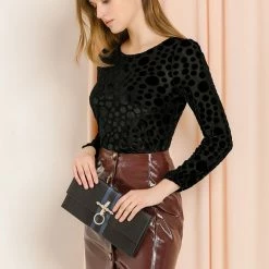 Allegra K Women's Dots Prints Velvet Burn-Out Long Puff Sleeve Blouse Top