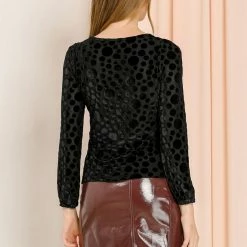 Allegra K Women's Dots Prints Velvet Burn-Out Long Puff Sleeve Blouse Top