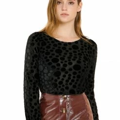 Allegra K Women's Dots Prints Velvet Burn-Out Long Puff Sleeve Blouse Top