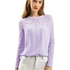 Allegra K Lace Floral Panel Crew Neck Long Sleeves Peasant Blouse Women