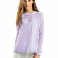 Allegra K Lace Floral Panel Crew Neck Long Sleeves Peasant Blouse Women