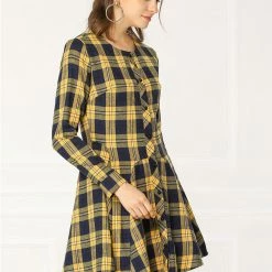 Allegra K 2098 Women Plaids Long Sleeves Belted Mini A Line Shirt Dress