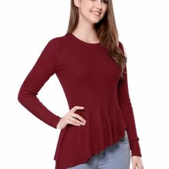 Allegra K Women's Long Sleeve Ribbed Knit Ruffle Hem Peplum Top