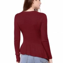 Allegra K Women's Long Sleeve Ribbed Knit Ruffle Hem Peplum Top