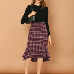 Allegra K Women's Midi Skirt Plaid Print High Low Ruffle Hem Vintage Fishtail Skirts